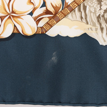 Hermès Carré 90 "ALOHA" Silk handkerchief in Navy Blue x Beige