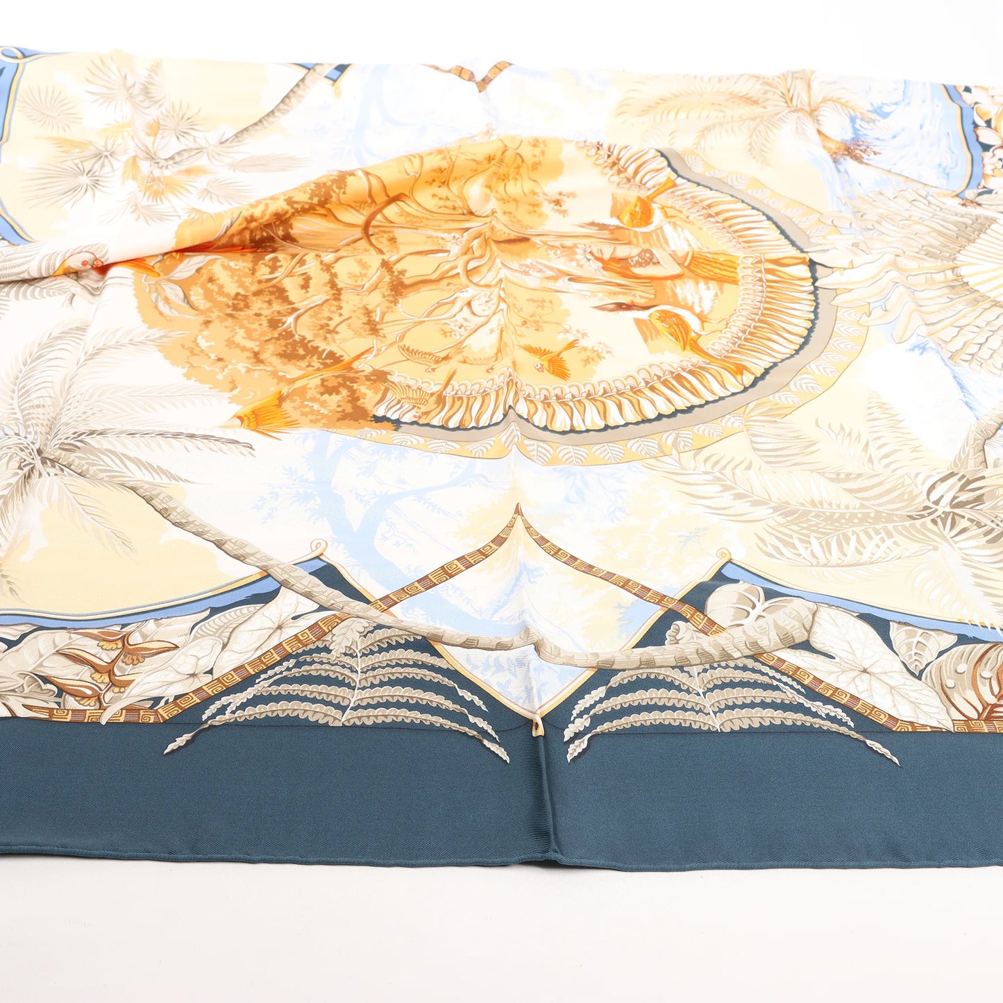 Hermès Carré 90 "ALOHA" Silk handkerchief in Navy Blue x Beige