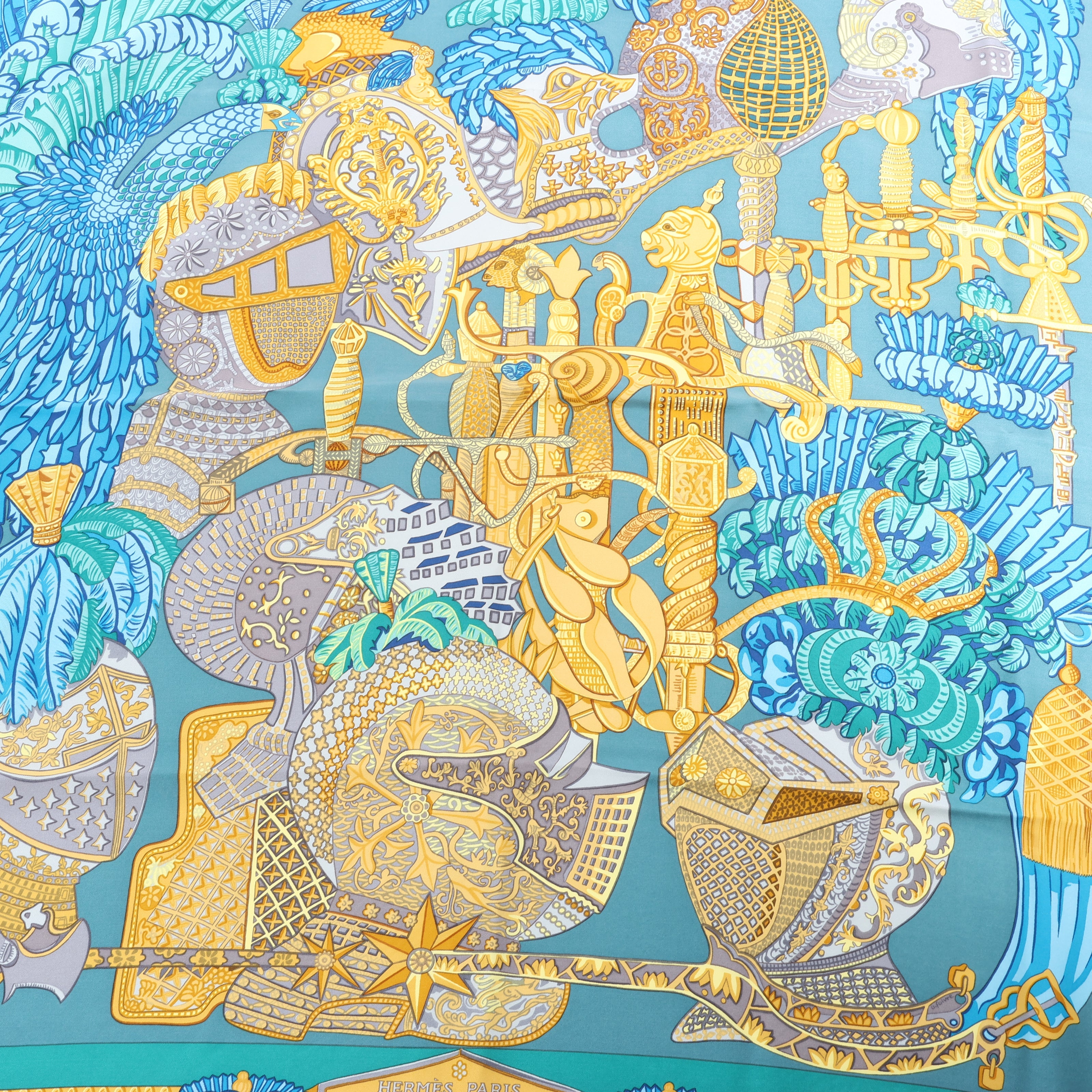 Hermès Carré 90 "ARMETS en PANACHE" Silk handkerchief in Green