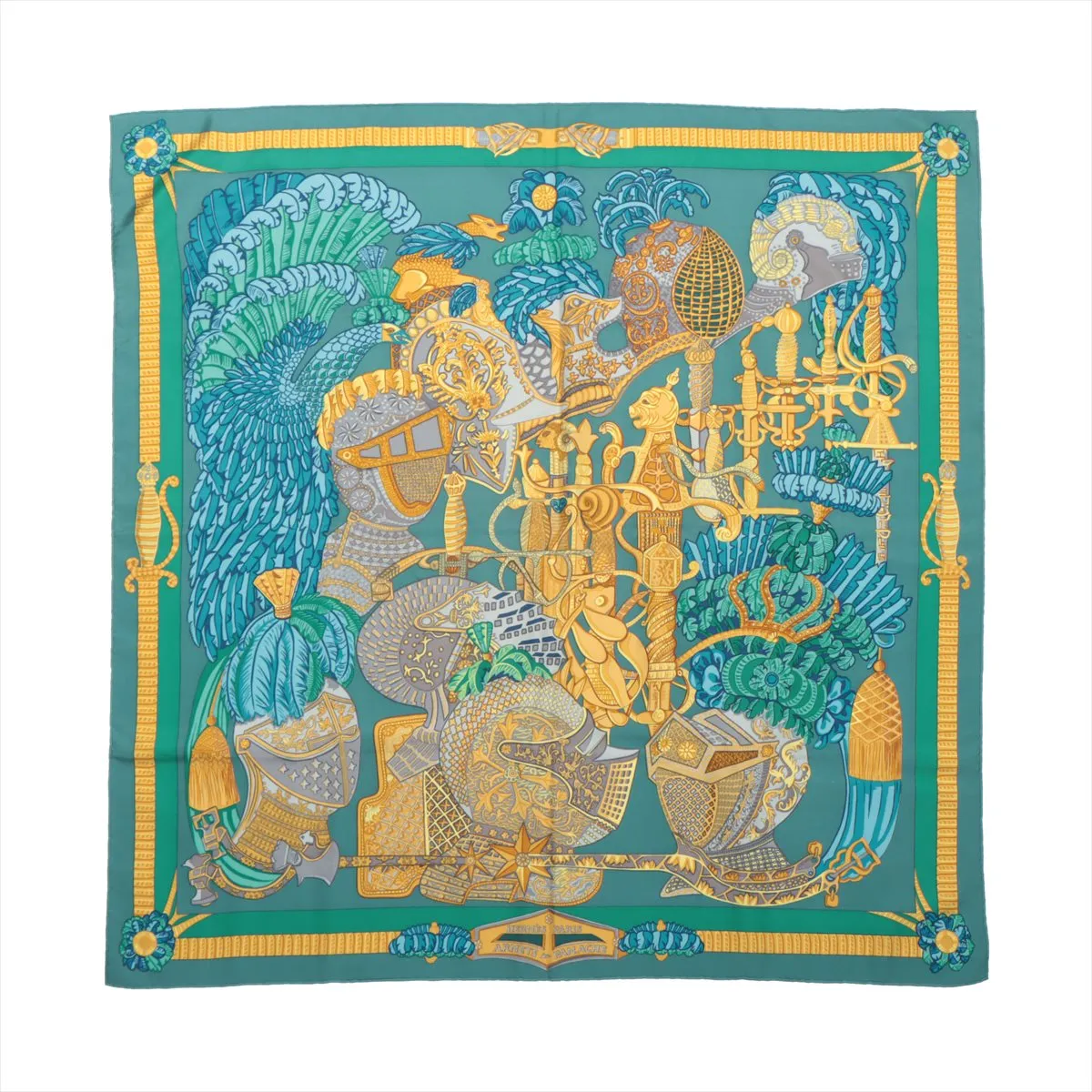 Hermès Carré 90 "ARMETS en PANACHE" Silk handkerchief in Green