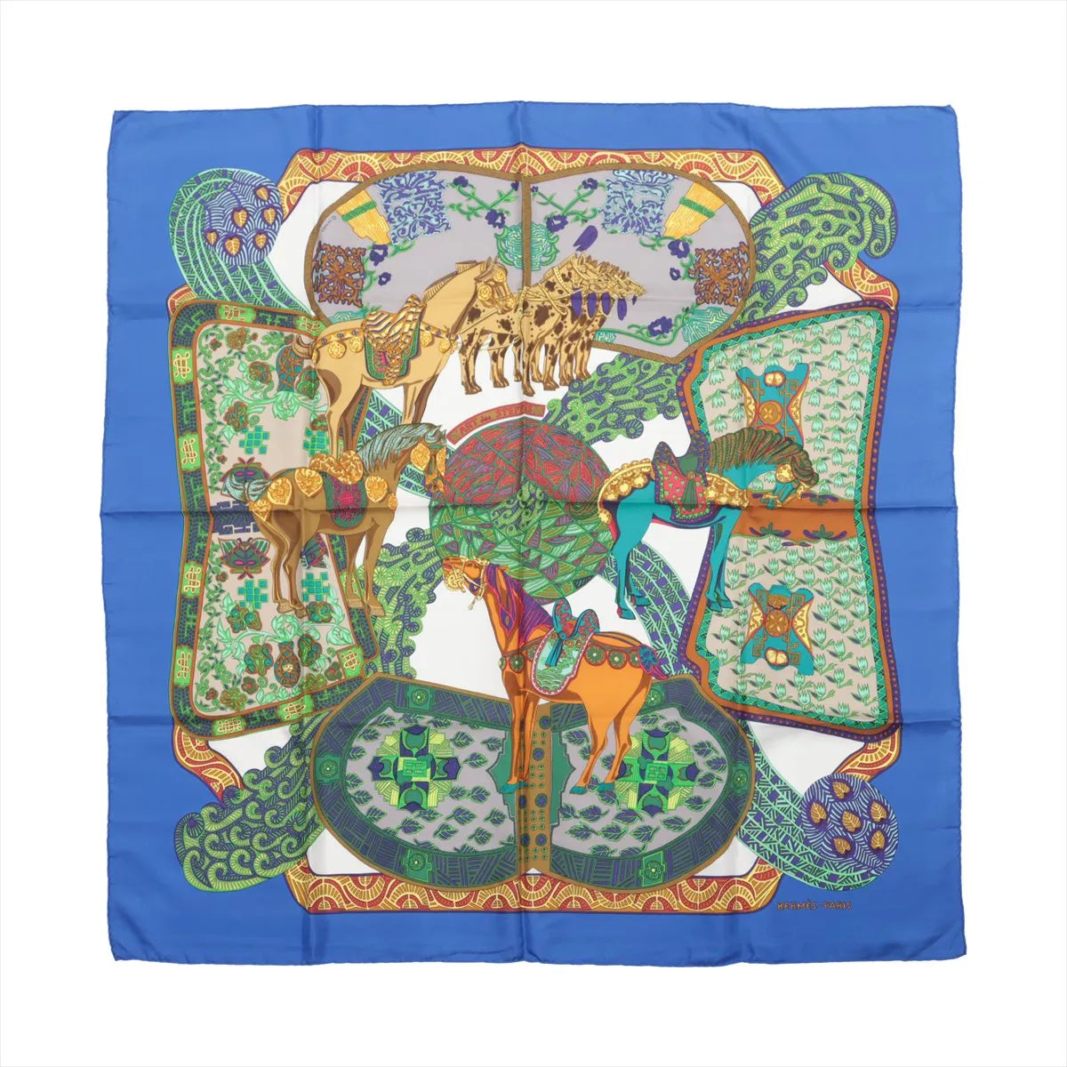 Hermès Carré 90 silk scarf in blue with multicolor horse and ornamental motif, white center, and blue border, laid flat