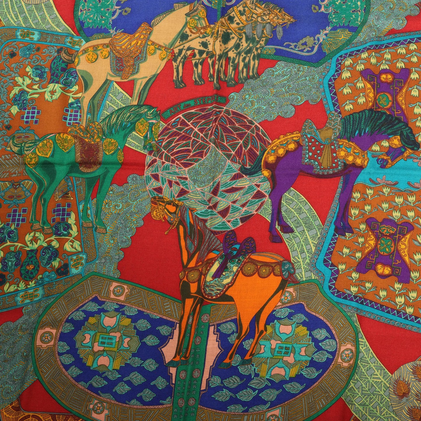 Hermès Carré 90 "ART des STEPPES" Mouchoir en Soie Bleu Marine