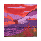 Hermès Carré 90 silk scarf with purple and red landscape print featuring water, hills, clouds and vibrant orange foliage.