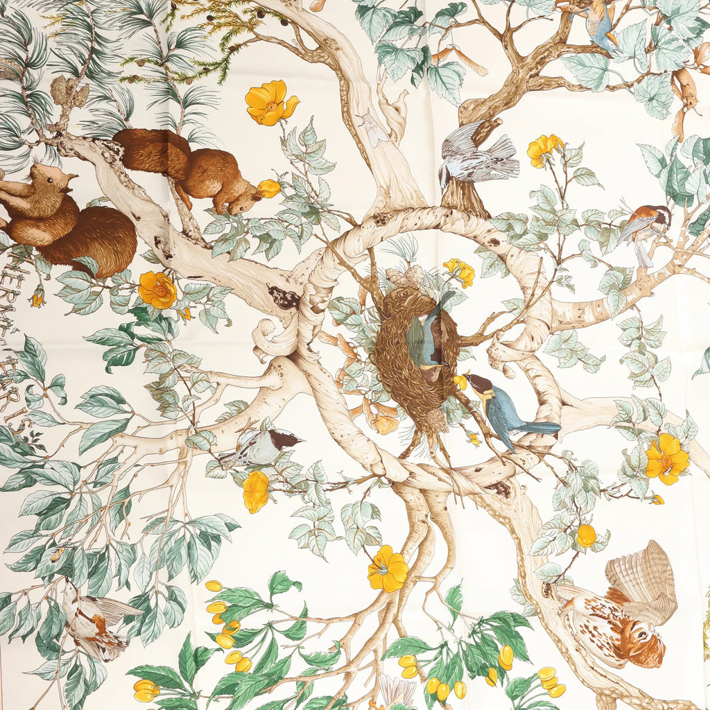 Hermès Carré 90 "AU COEUR DES BOIS" Silk handkerchief in Beige
