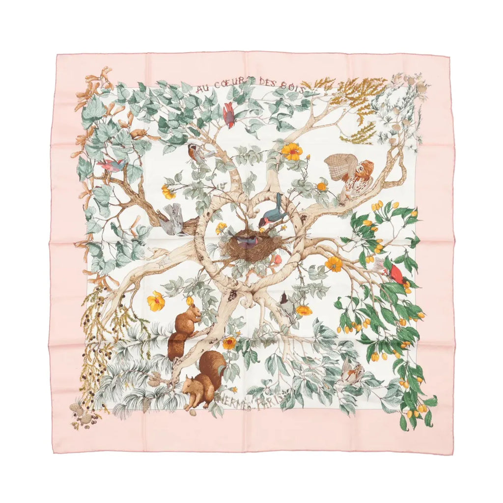 Hermès Carré 90 "AU COEUR DES BOIS" Silk handkerchief in Pink