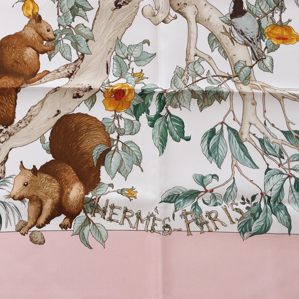 Hermès Carré 90 "AU COEUR DES BOIS" Silk handkerchief in Pink