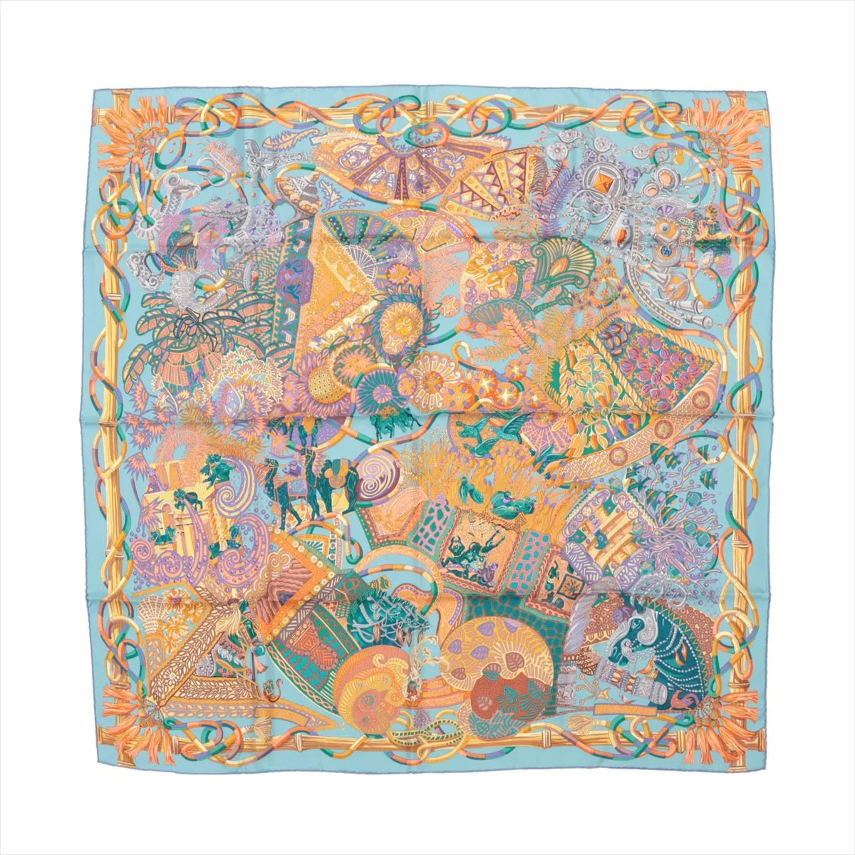 Hermès Carré 90 "Au Fil du Carré" silk handkerchief in multicolor, showcasing an intricate patchwork of illustrated motifs including threads, fans, florals, and weaving tools in bright hues, bordered with a golden rope design, laid flat against a white background.