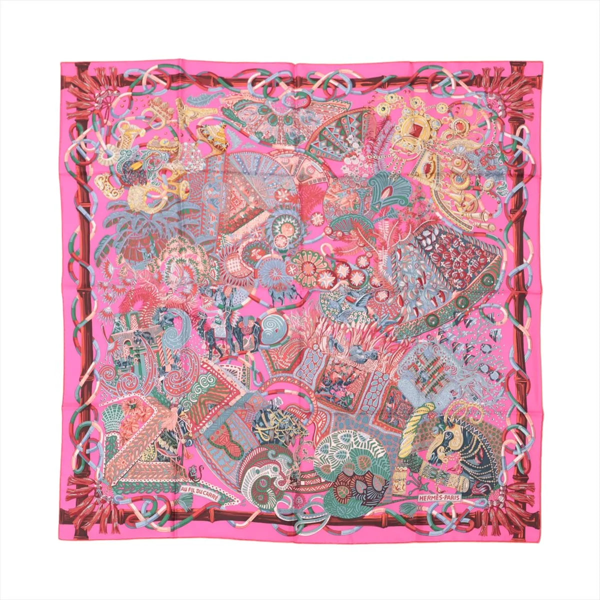 Pink Hermès Carré 90 silk scarf laid flat with intricate multicolor illustrated pattern and decorative border, shown on a white background.