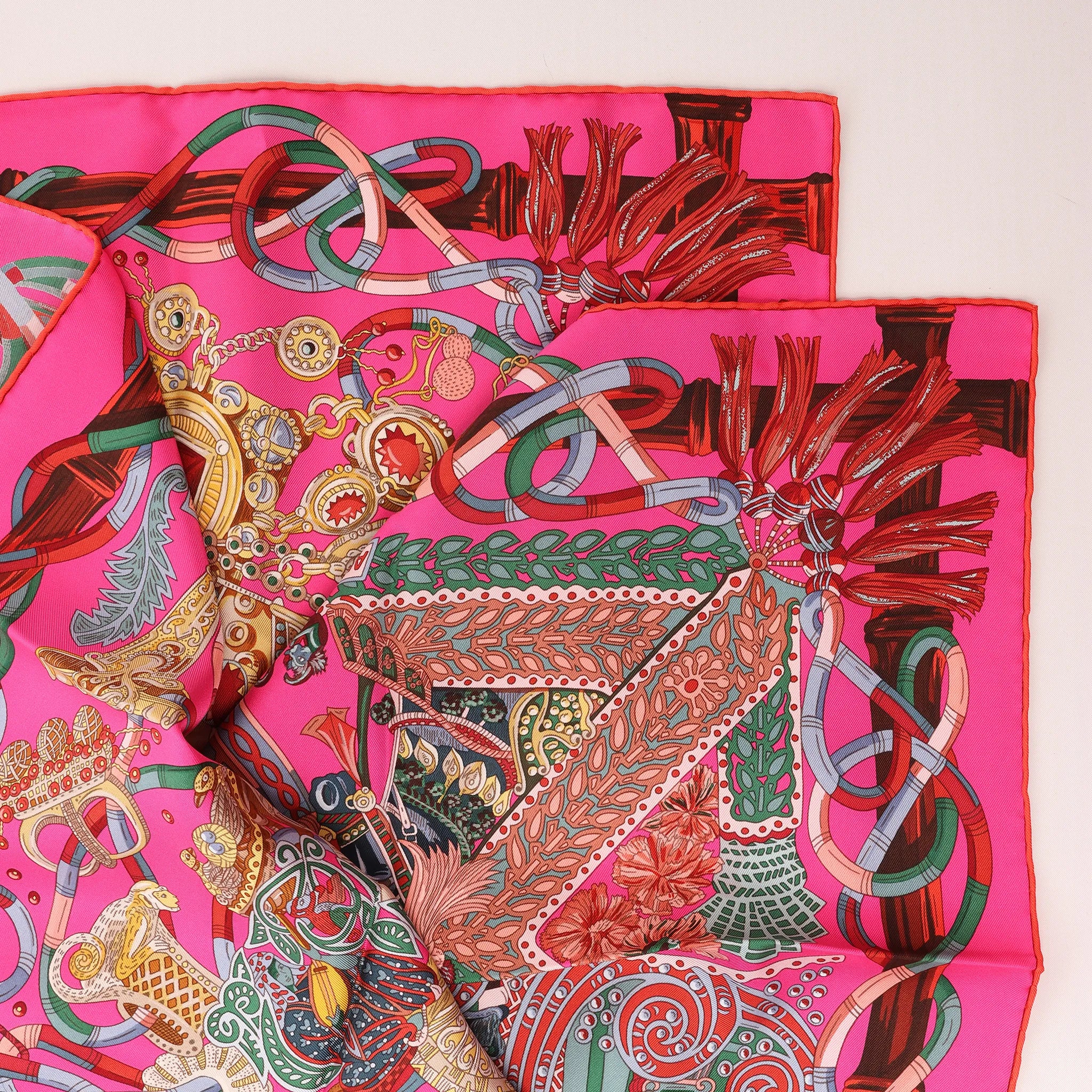 Hermès Carré 90 " AU FIL DU CARRE" Silk handkerchief in Pink
