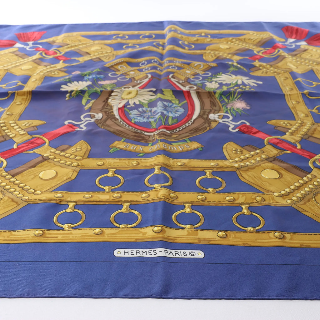 Hermès Carré 90 "AUX CHAMPS" Silk handkerchief in Navy Blue