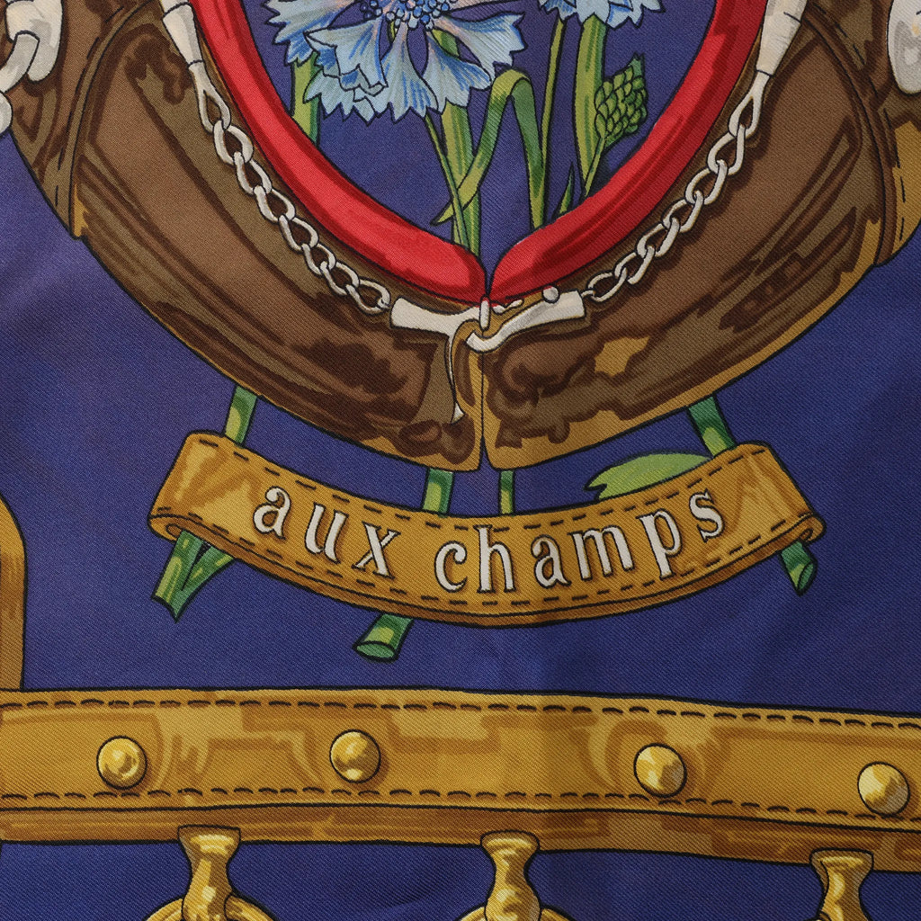 Hermès Carré 90 "AUX CHAMPS" Silk handkerchief in Navy Blue