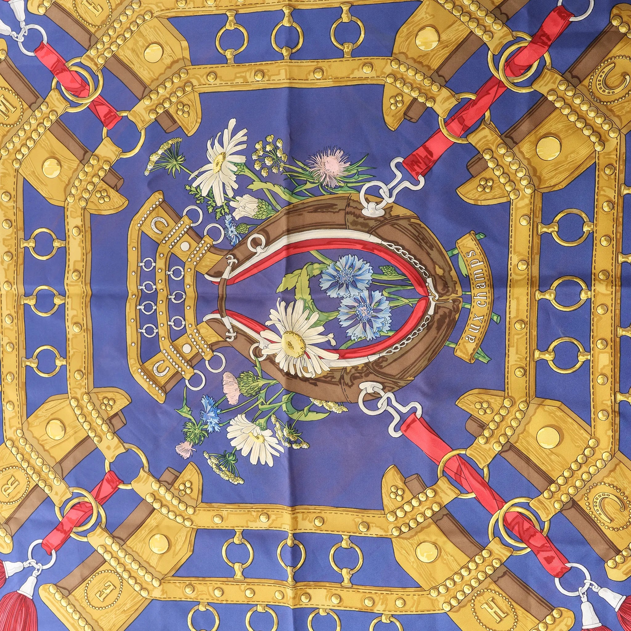Hermès Carré 90 "AUX CHAMPS" Silk handkerchief in Navy Blue
