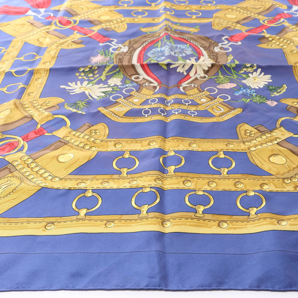 Hermès Carré 90 "AUX CHAMPS" Silk handkerchief in Navy Blue