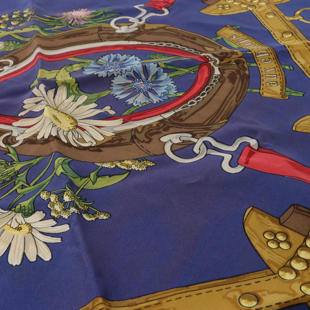 Hermès Carré 90 "AUX CHAMPS" Silk handkerchief in Navy Blue