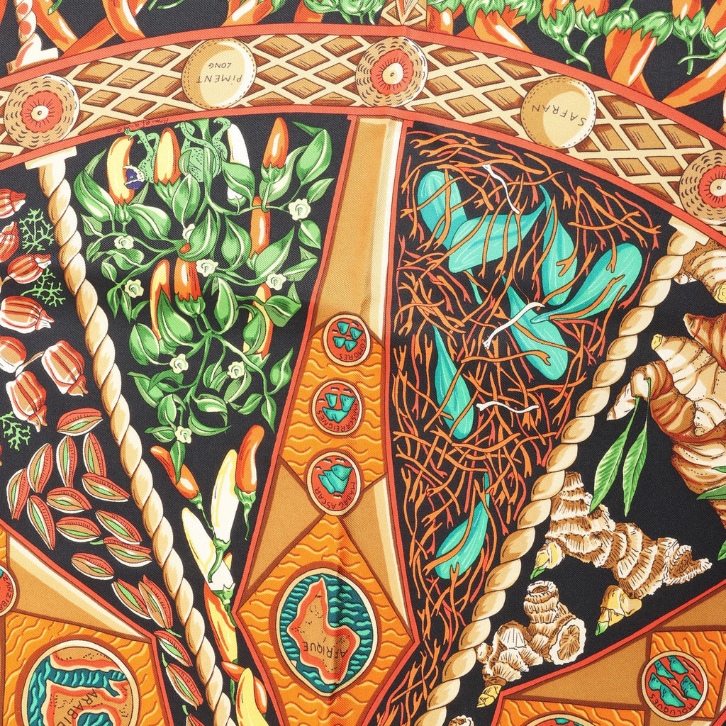 Hermès Carré 90 "AUX PAYS DES EPICES" Silk handkerchief in Black