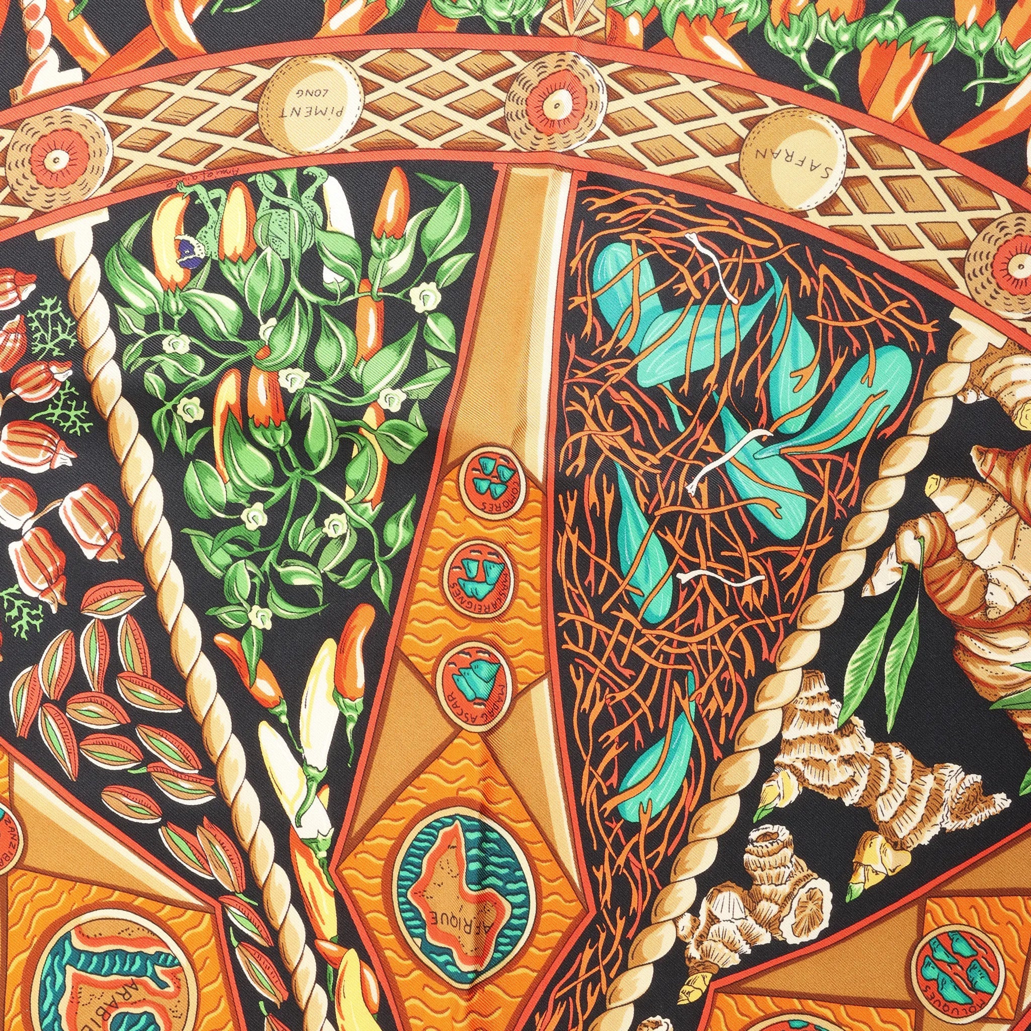 Hermès Carré 90 "AUX PAYS DES EPICES" Silk handkerchief in Black
