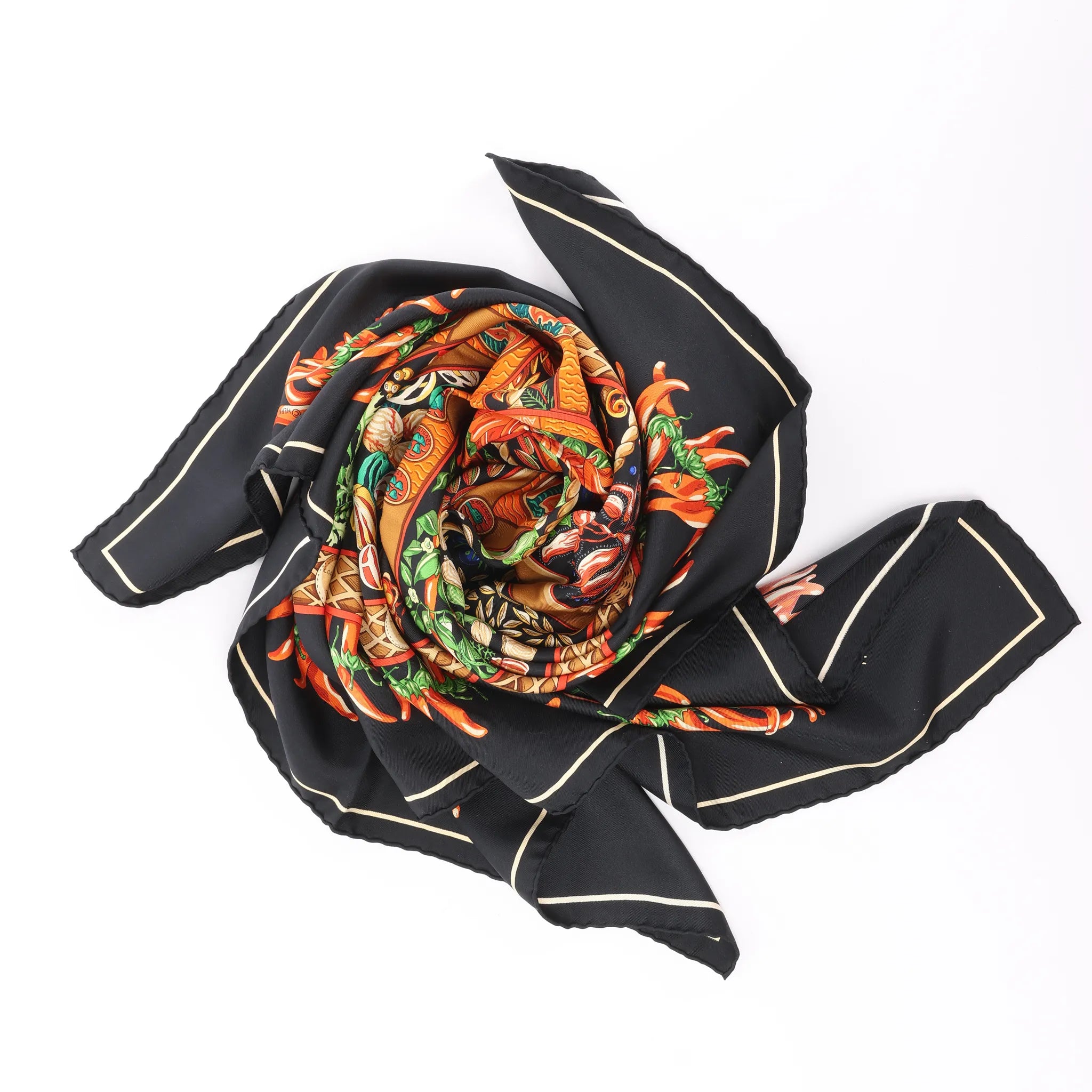 Hermès Carré 90 "AUX PAYS DES EPICES" Silk handkerchief in Black
