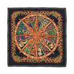 Hermès Carré 90 “Aux Pays des Épices” silk scarf in black with multicolor spice wheel motif and red chili pepper border.