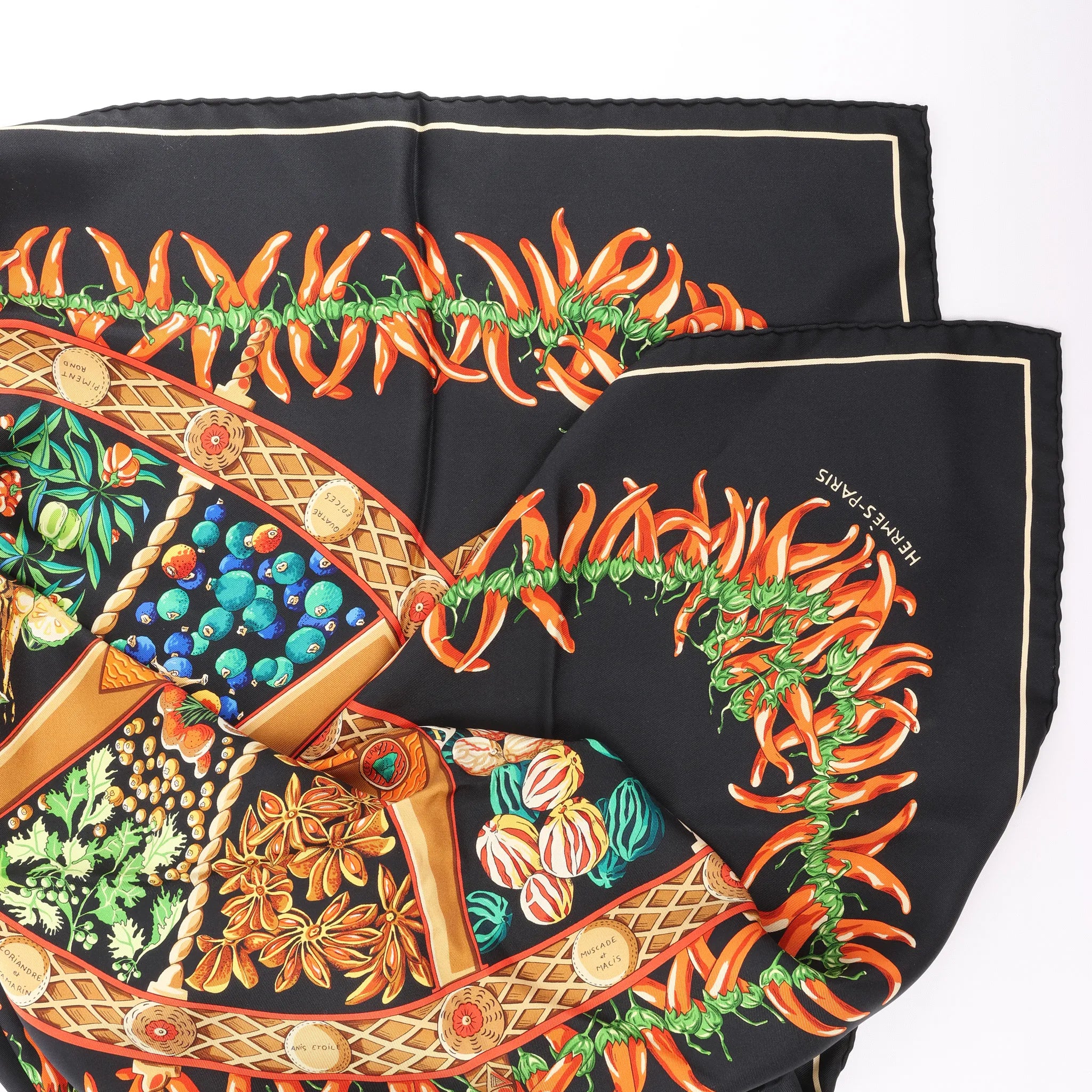 Hermès Carré 90 "AUX PAYS DES EPICES" Silk handkerchief in Black