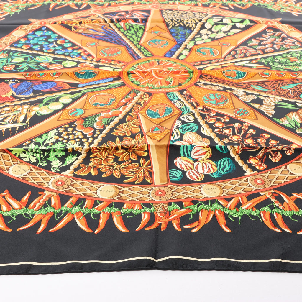 Hermès Carré 90 "AUX PAYS DES EPICES" Silk handkerchief in Black