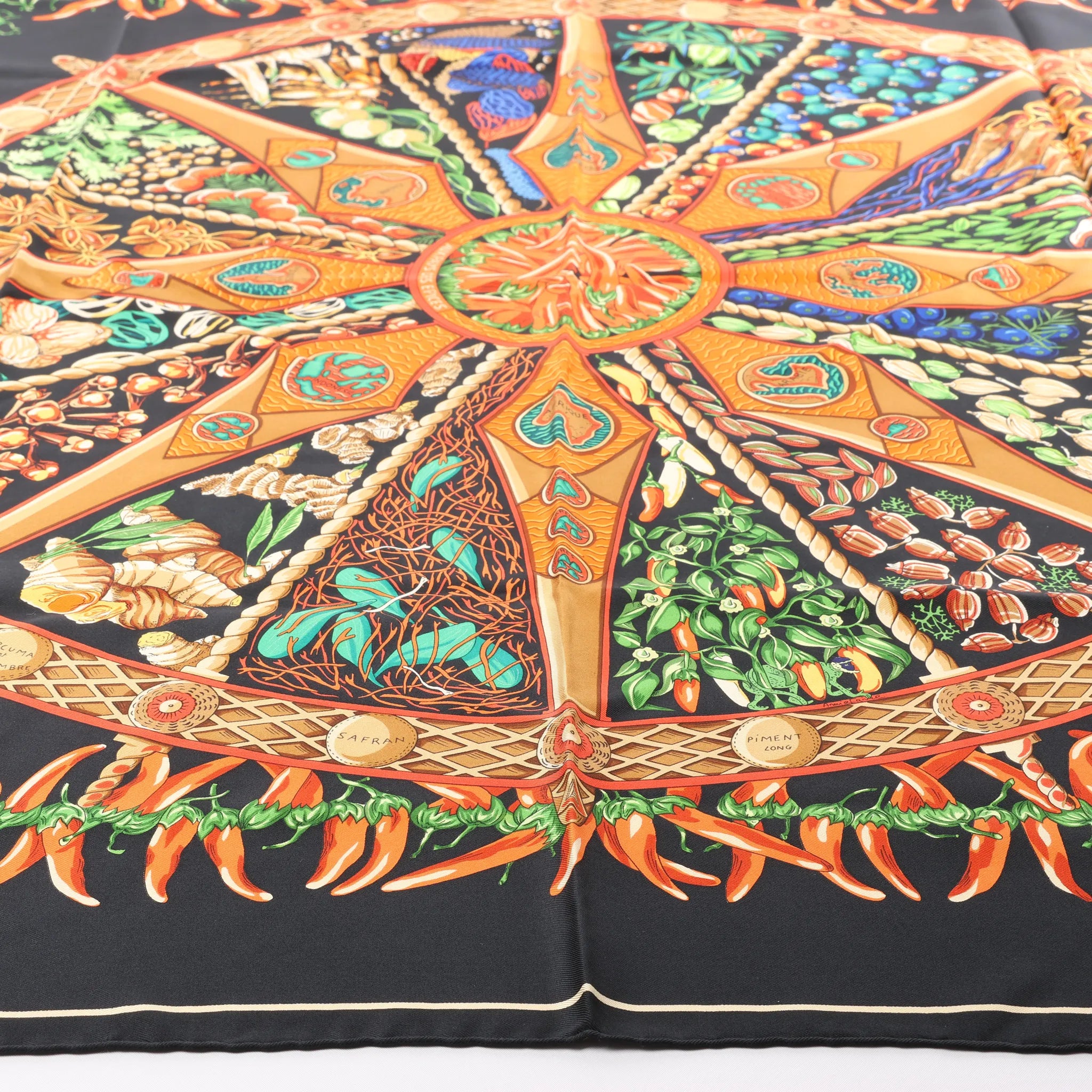 Hermès Carré 90 "AUX PAYS DES EPICES" Silk handkerchief in Black
