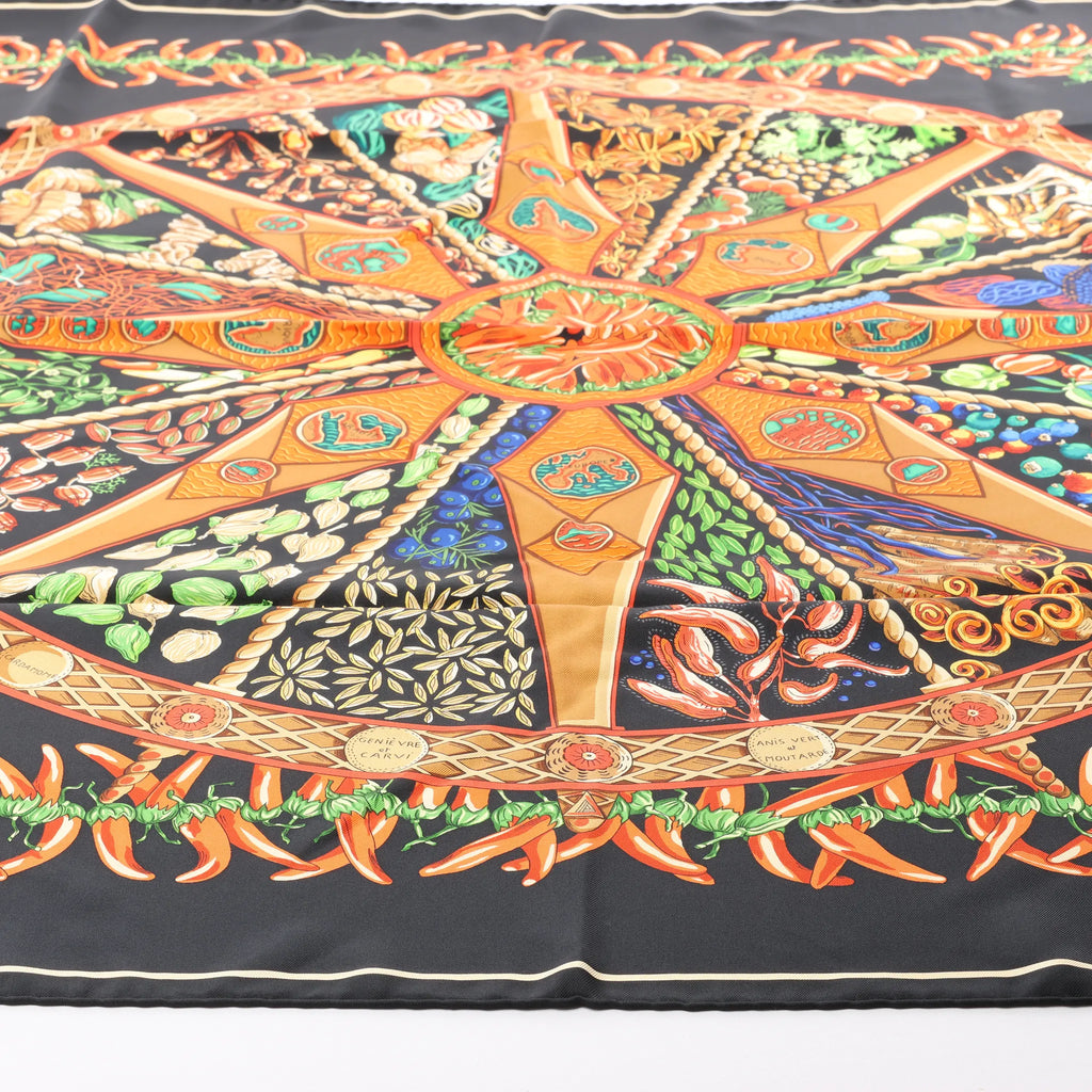 Hermès Carré 90 "AUX PAYS DES EPICES" Silk handkerchief in Black