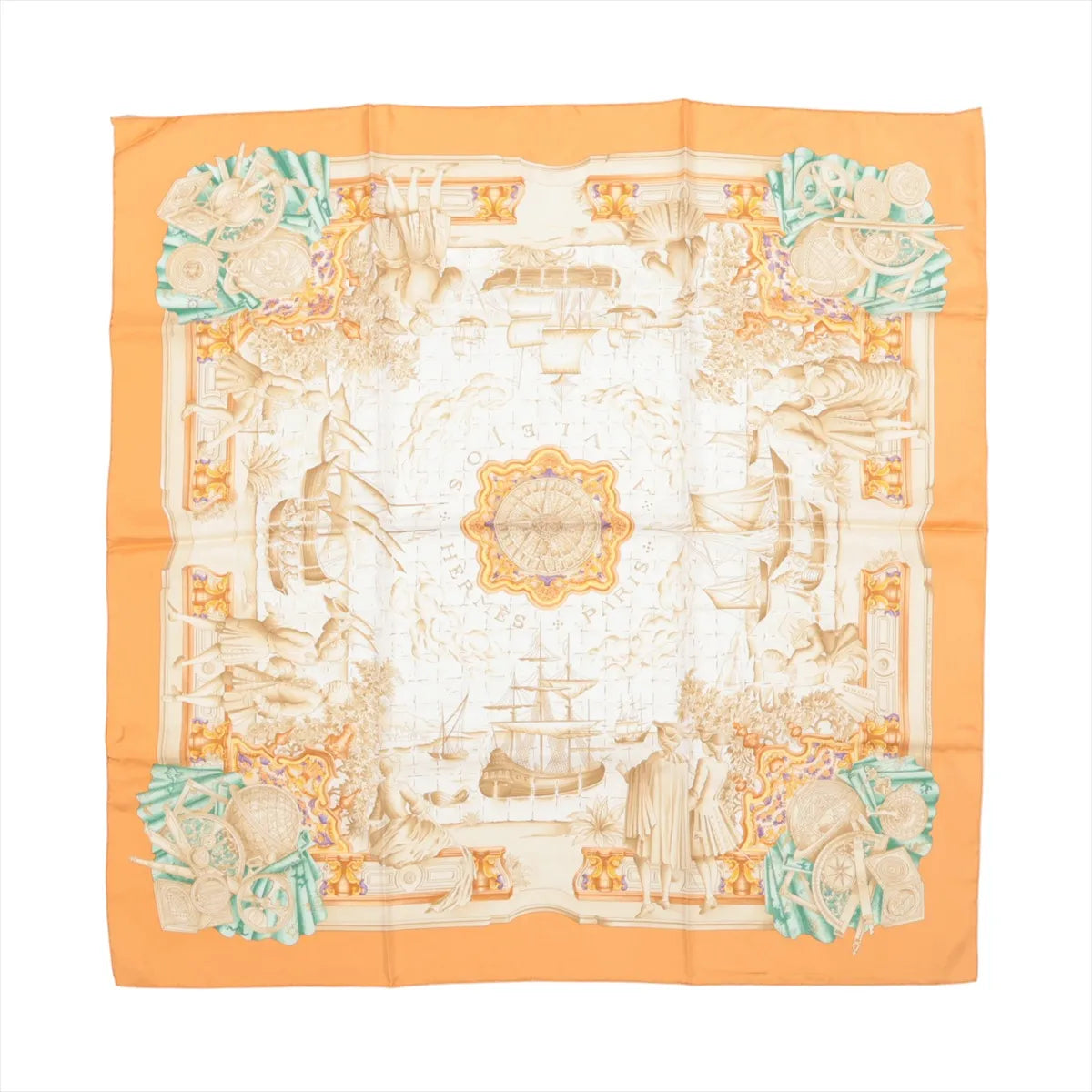 Hermès Carré 90 "Azulejos" silk scarf in orange, showcasing an ornate compass at the center surrounded by ships, explorers, and classical motifs in beige tones, with corner accents of globes and instruments in turquoise and coral.