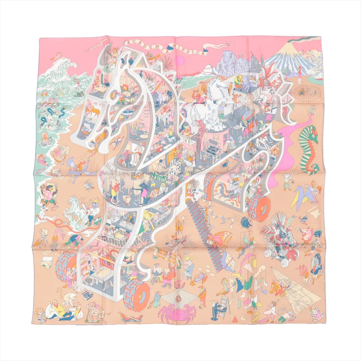 Hermès Carré 90 "Academia" silk scarf in pink featuring a large horse outline filled with colorful, detailed scenes of students, classrooms, art, and playful characters, all set in a whimsical academic fantasy world.