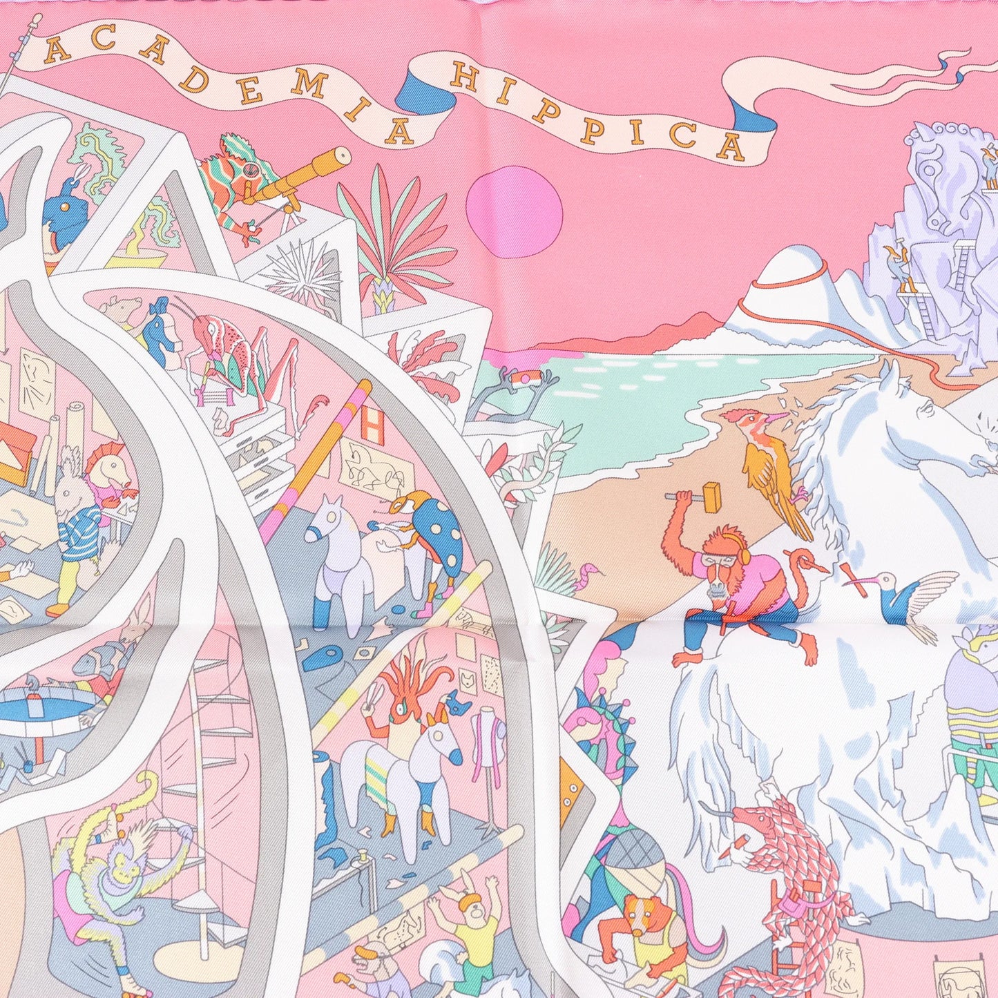 Hermès Carré 90 „Academia“ Seidentaschentuch in Rosa