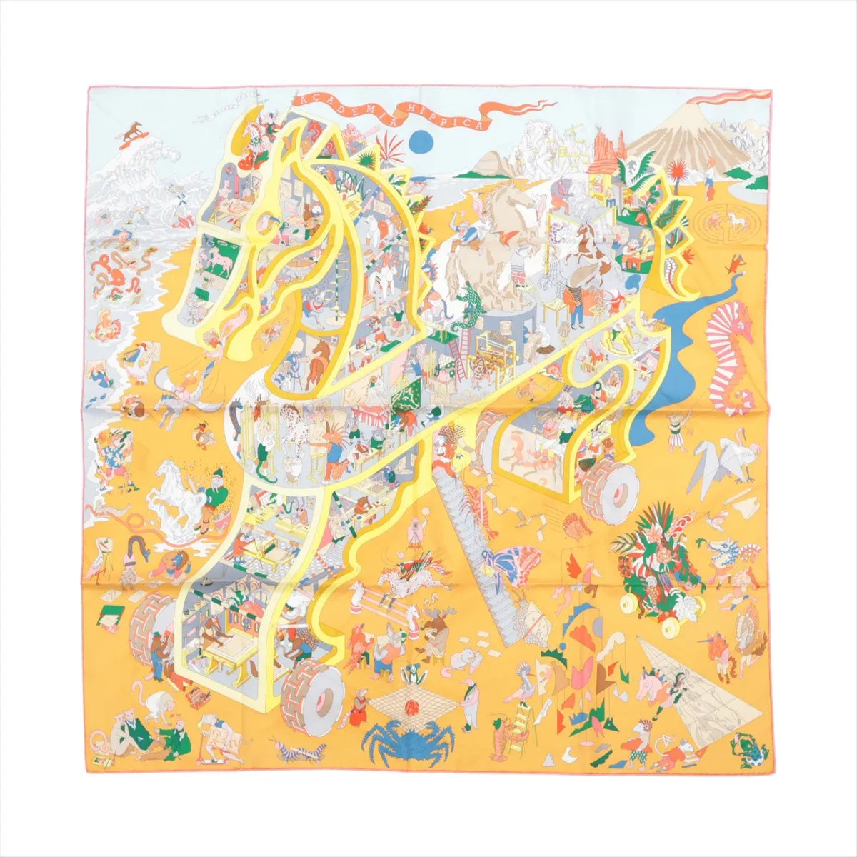 Hermès Carré 90 "Academia Ipica" silk scarf in orange featuring a large stylized horse outline filled with playful, detailed equestrian-themed illustrations and scenes, bordered with pastel tones.