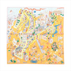 Hermès Carré 90 "Academia Ipica" silk scarf in orange featuring a large stylized horse outline filled with playful, detailed equestrian-themed illustrations and scenes, bordered with pastel tones.