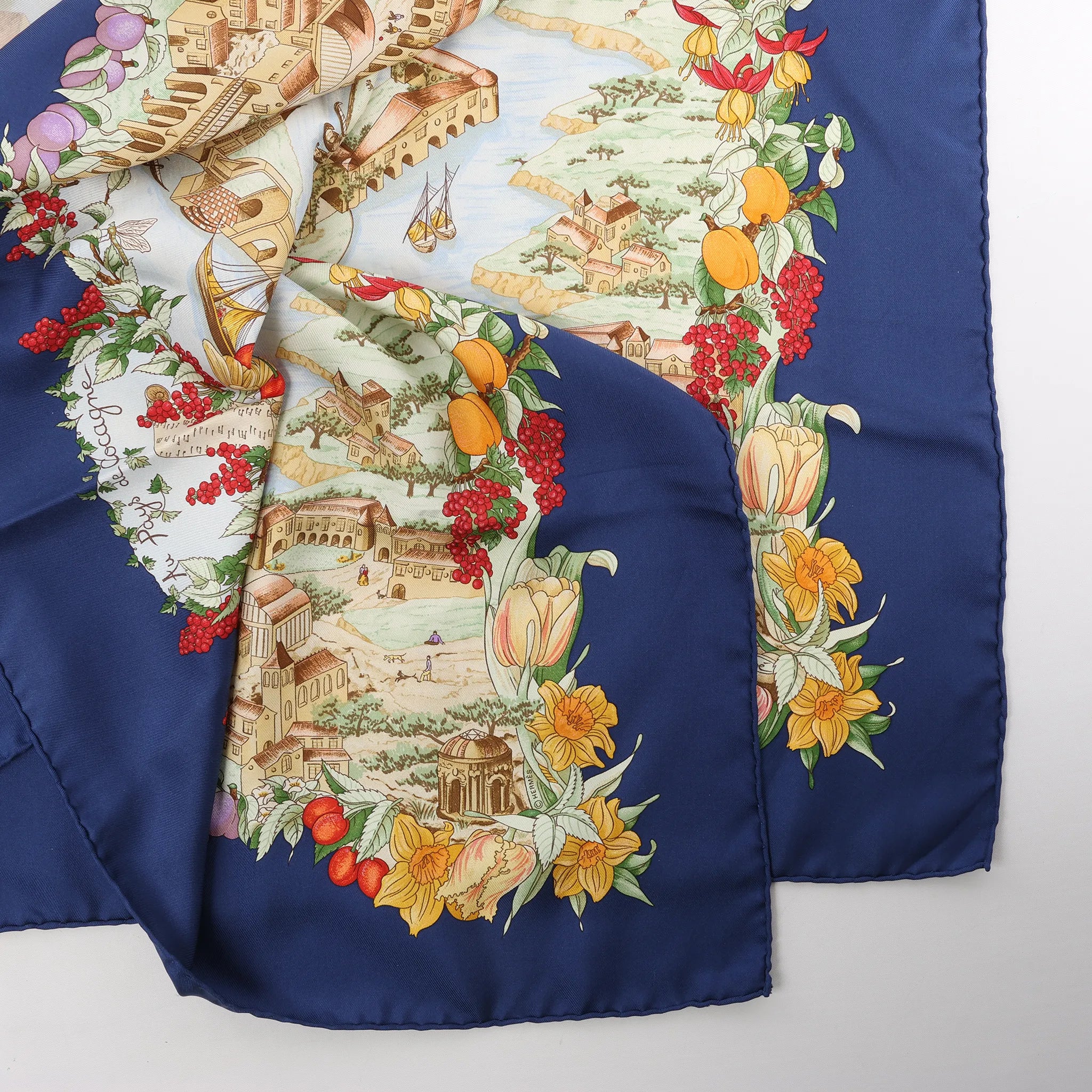 Hermès Carré 90 "Au Pays de Cocagne" Silk handkerchief in Navy Blue