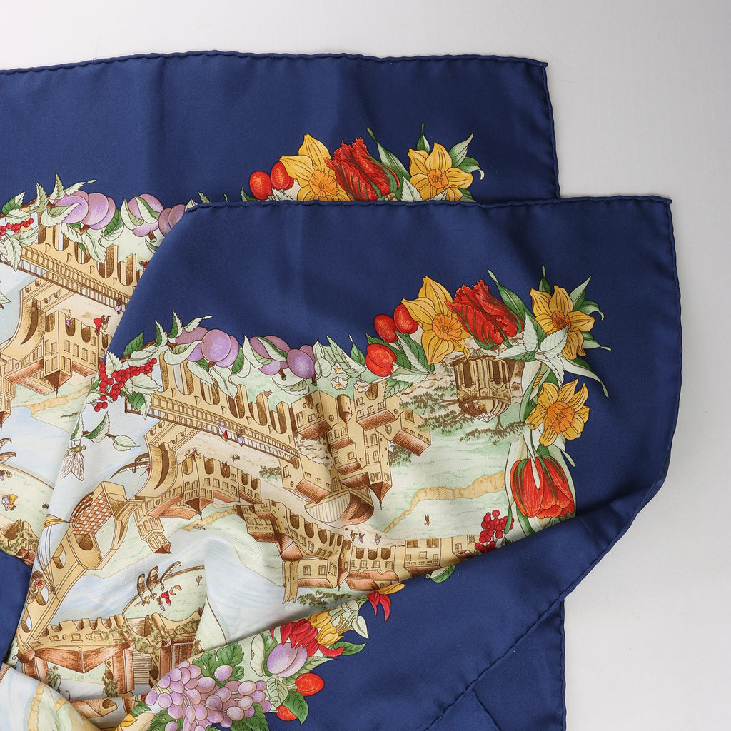 Hermès Carré 90 "Au Pays de Cocagne" Silk handkerchief in Navy Blue