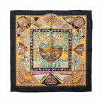 Hermès Carré 90 "Au Son du Tam Tam" silk handkerchief in black, featuring a vibrant tribal-inspired design with drums, musical instruments, and a central tree motif in yellow, turquoise, and earthy tones, bordered with geometric and symbolic patterns.