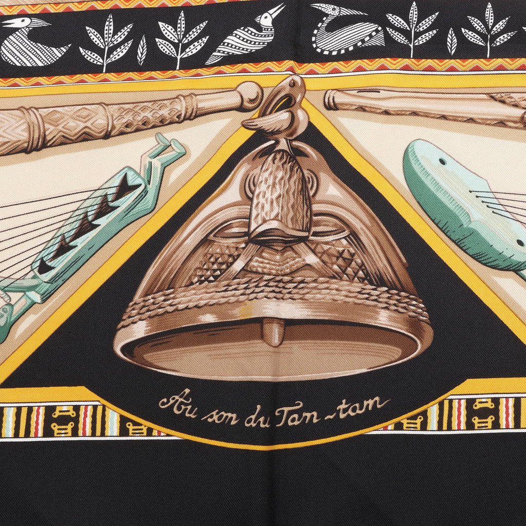 Hermès Carré 90 "Au Son du Tam Tam" Silk handkerchief in Black