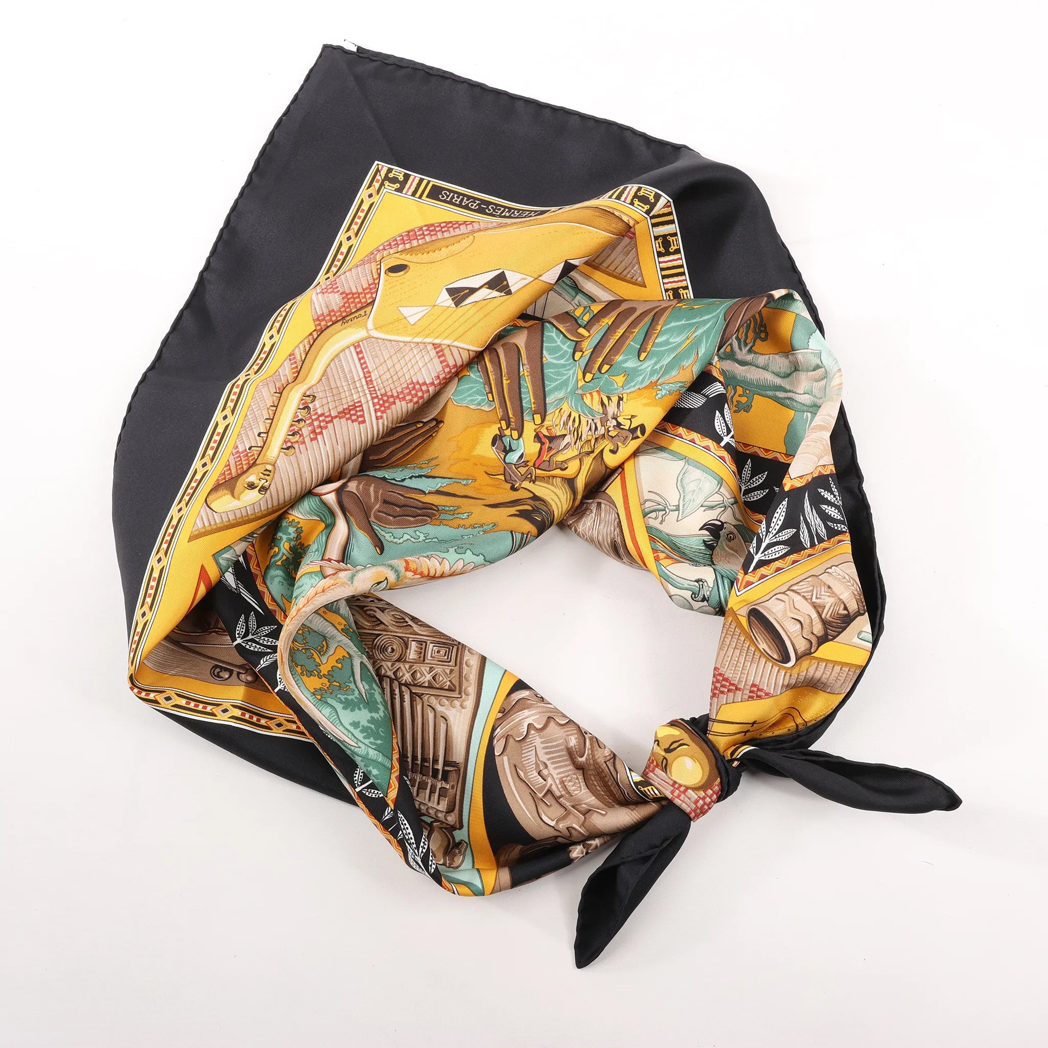 Hermès Carré 90 "Au Son du Tam Tam" Silk handkerchief in Black
