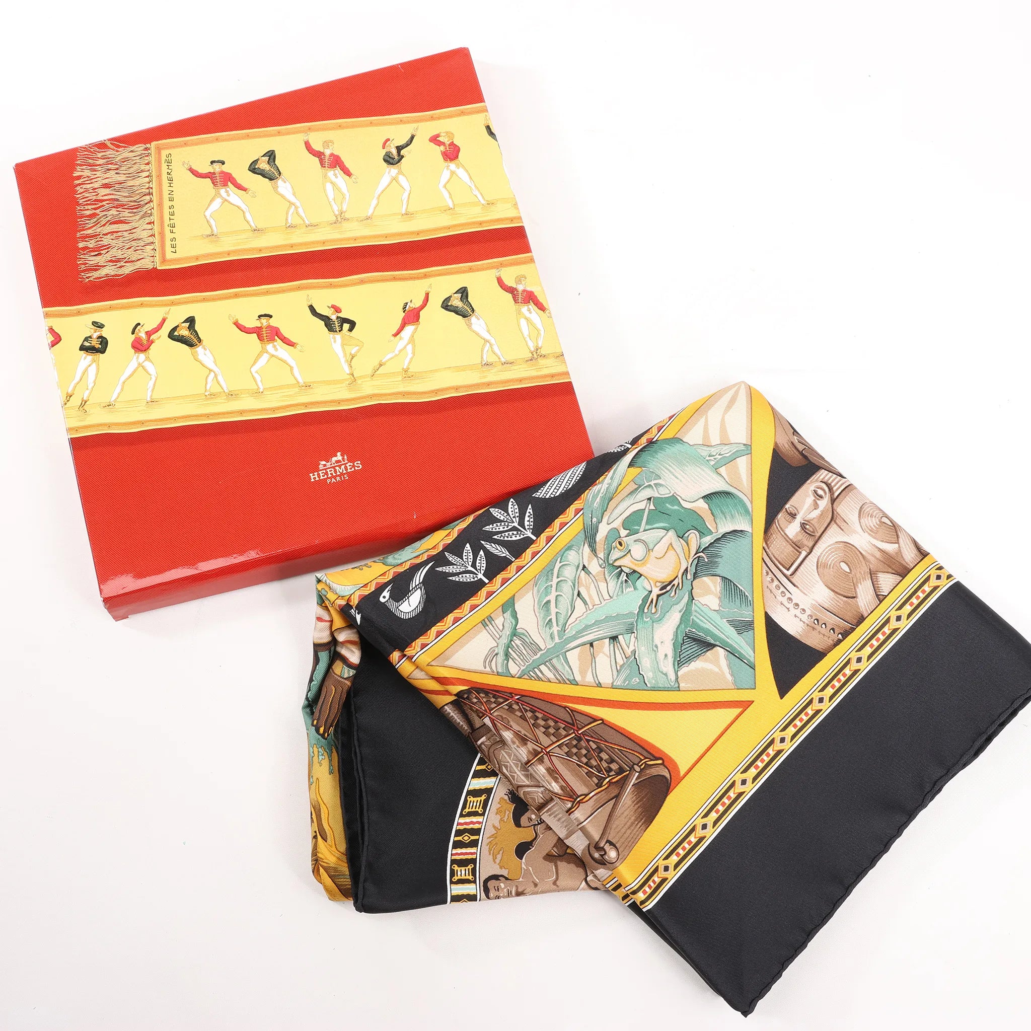 Hermès Carré 90 "Au Son du Tam Tam" Silk handkerchief in Black