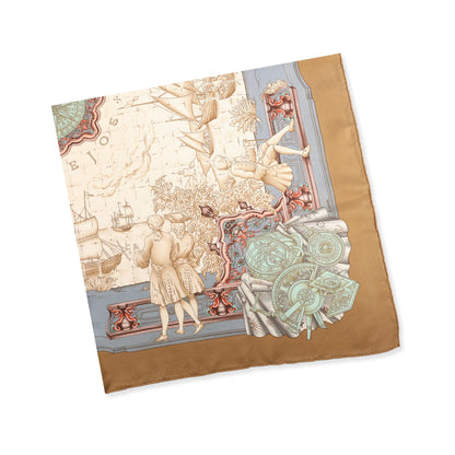 Hermès Carré 90 "Azulejos" silk scarf featuring a brown and beige color palette with vintage-style ships, maps, scientific instruments, and classical figures in an ornate, historical design.