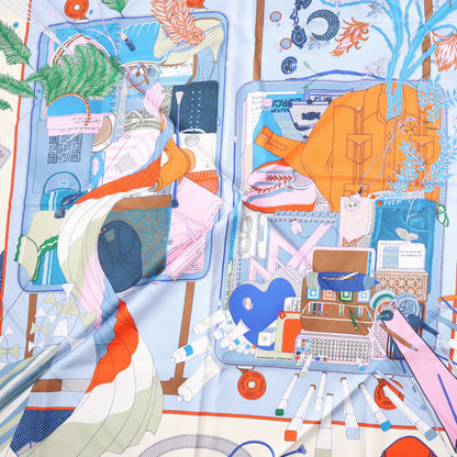 Hermès Carré 90 „BAGAGE A MAIN“ Seidentaschentuch in Blau