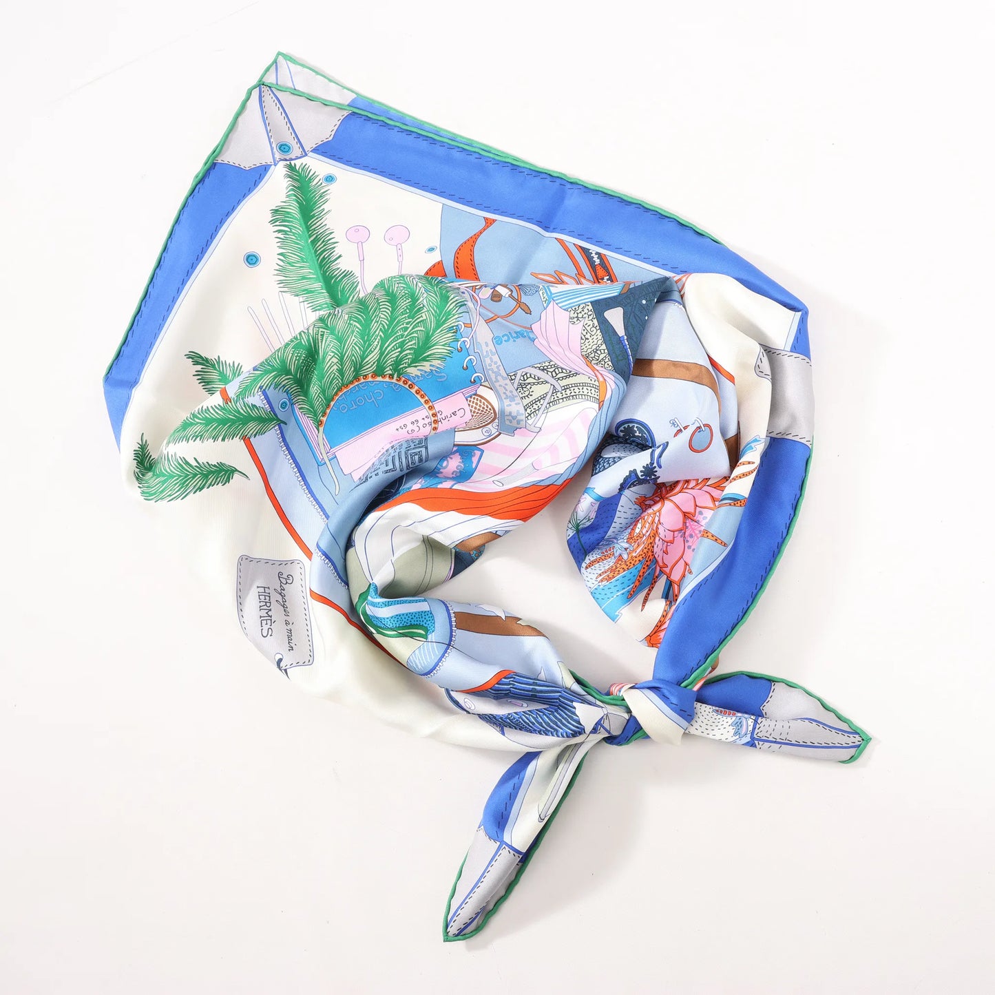 Hermès Carré 90 „BAGAGE A MAIN“ Seidentaschentuch in Blau