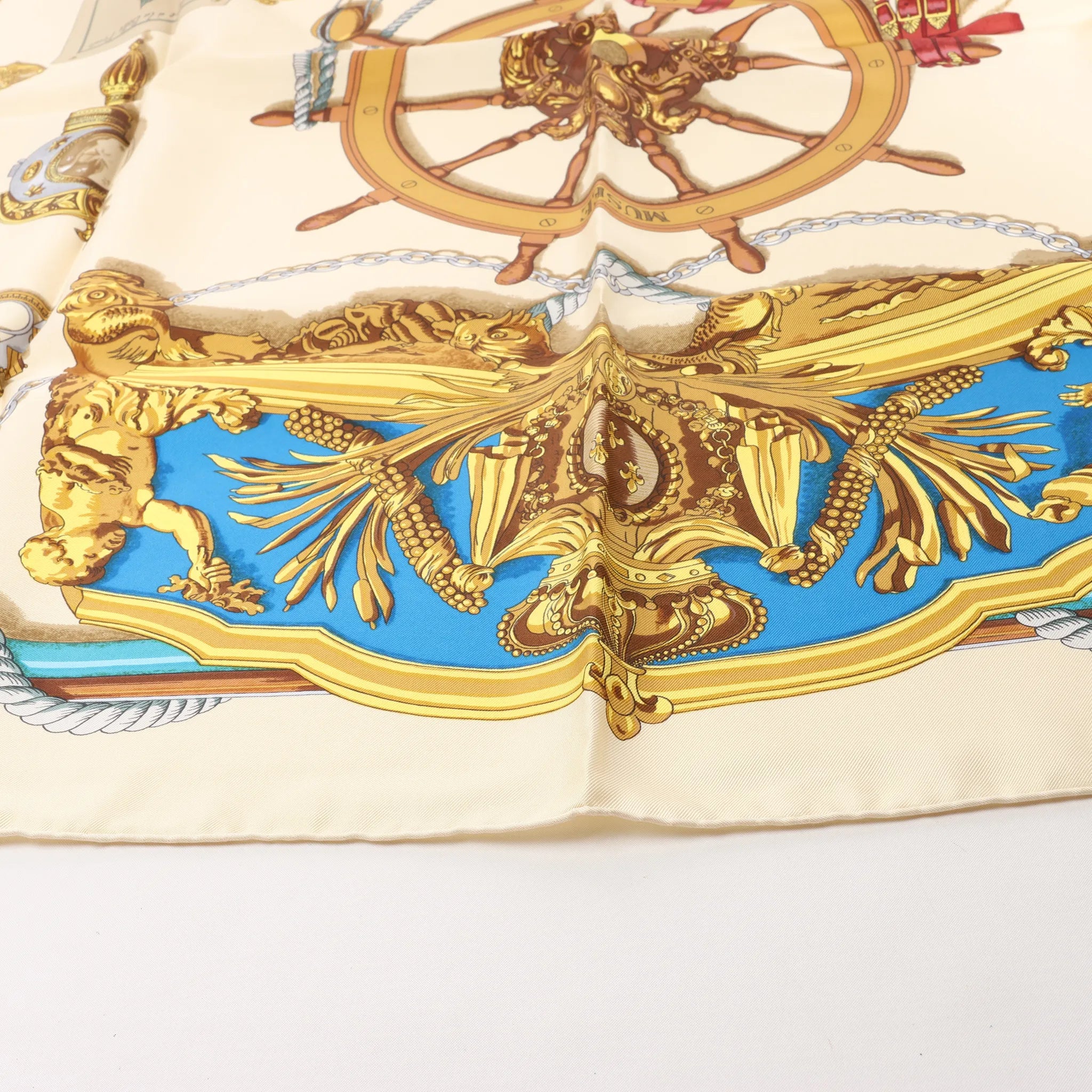 Hermès Carré 90 "BATEAU A VAPEUR DE JOUFFROY DABBANS 1784" Silk handkerchief in Beige