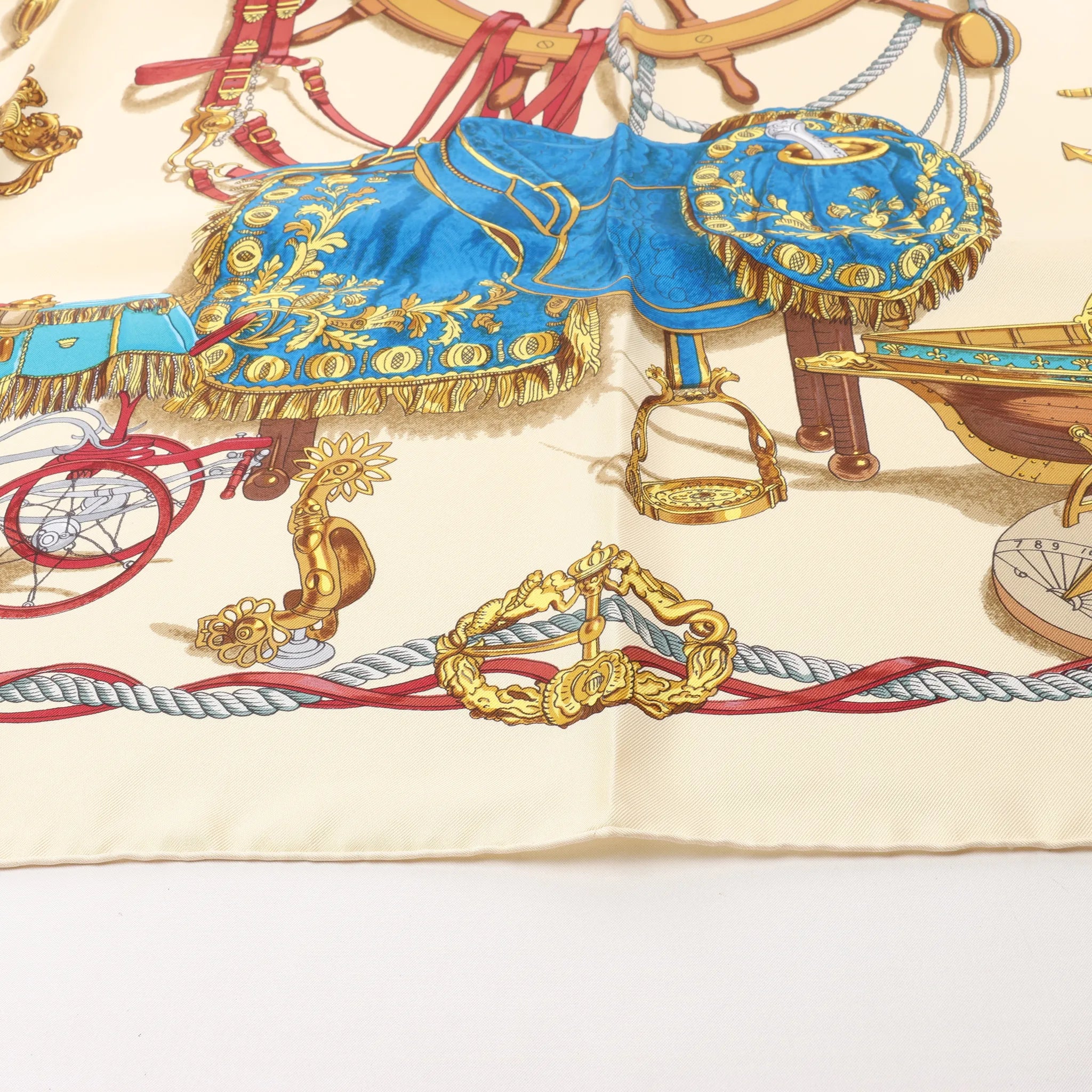 Hermès Carré 90 "BATEAU A VAPEUR DE JOUFFROY DABBANS 1784" Silk handkerchief in Beige