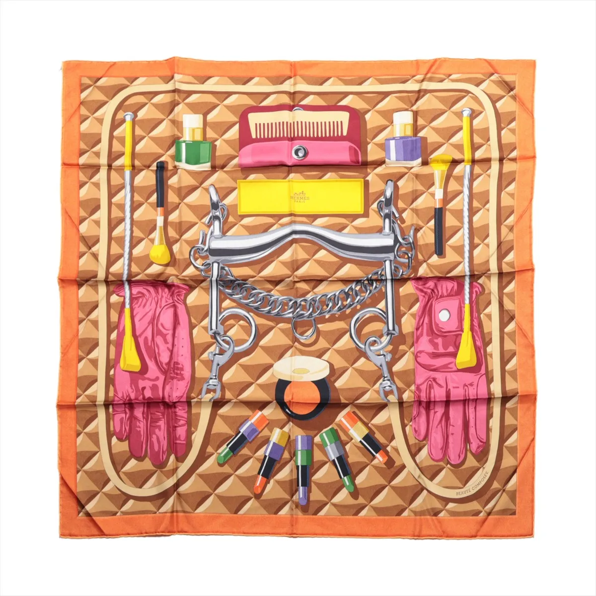 Hermès Carré 90 "BEAUTE COMPOSEE" Silk handkerchief in Orange