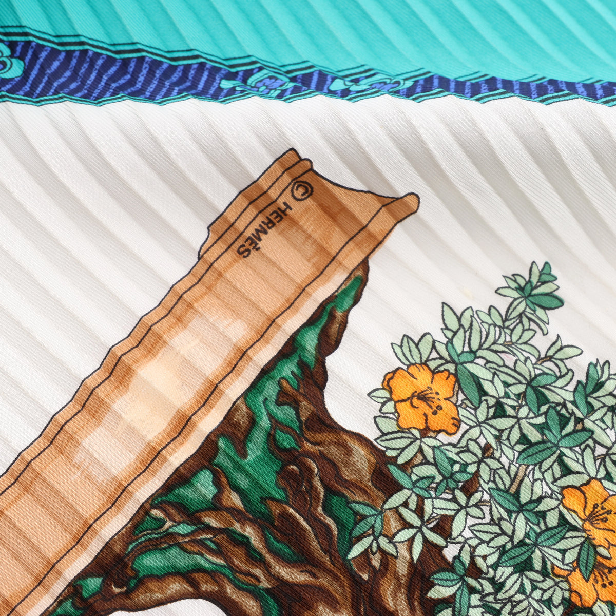 Hermès Carré 90 "BONSAI" Plissé Scarf Silk in Blue