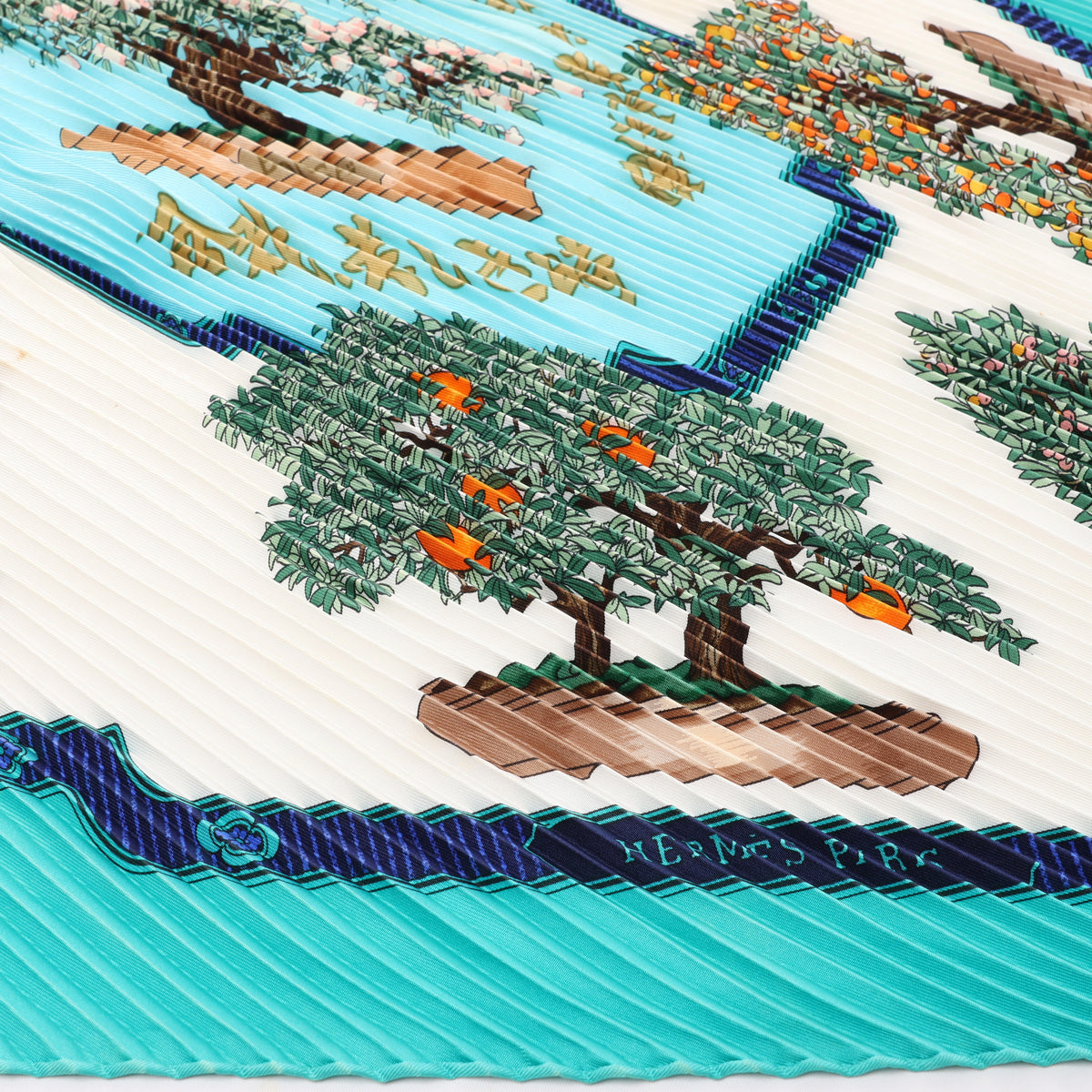 Hermès Carré 90 "BONSAI" Plissé Scarf Silk in Blue