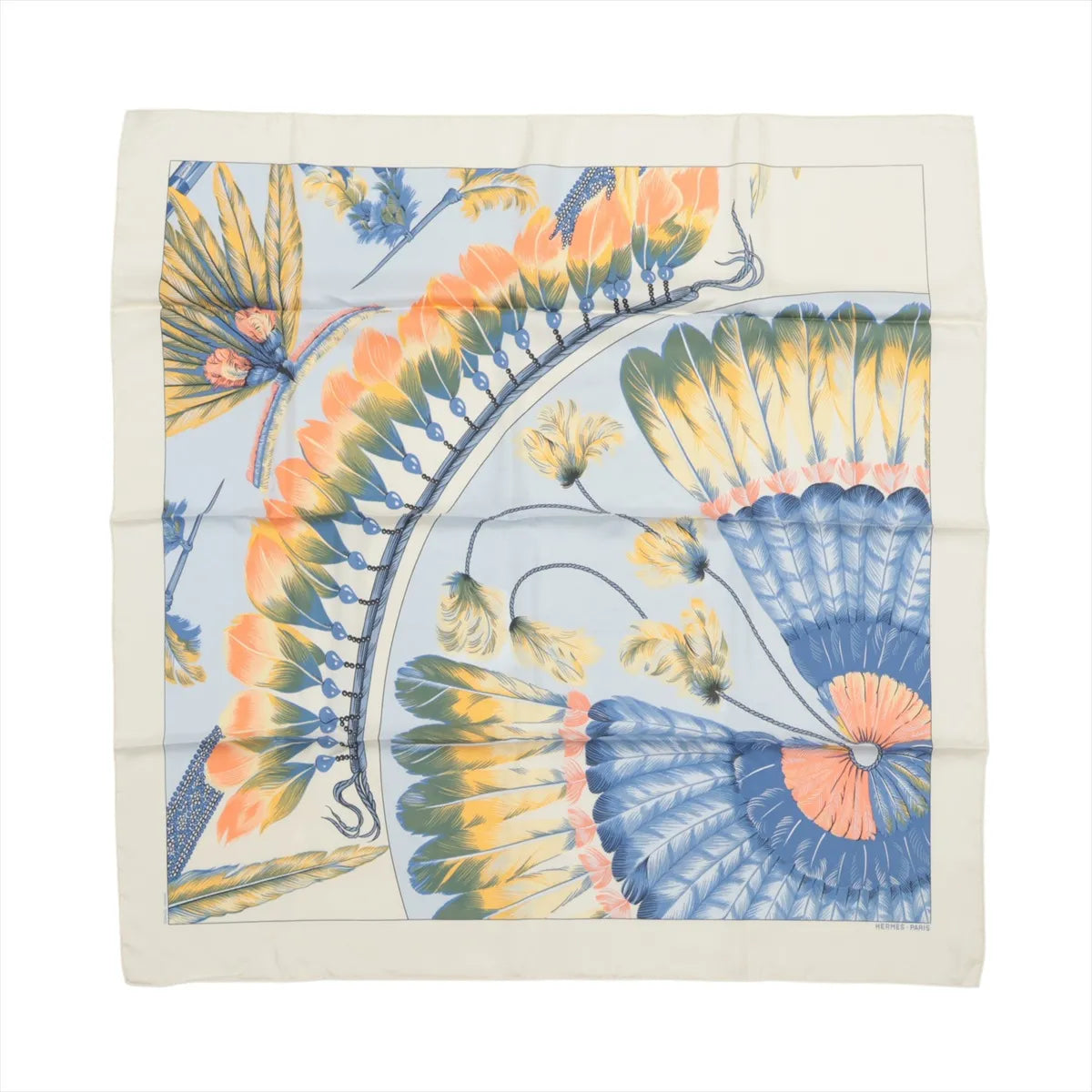 Hermès Carré 90 silk scarf in ivory and pale blue with large feather motifs in blue, yellow, and coral tones, framed by an ivory border.