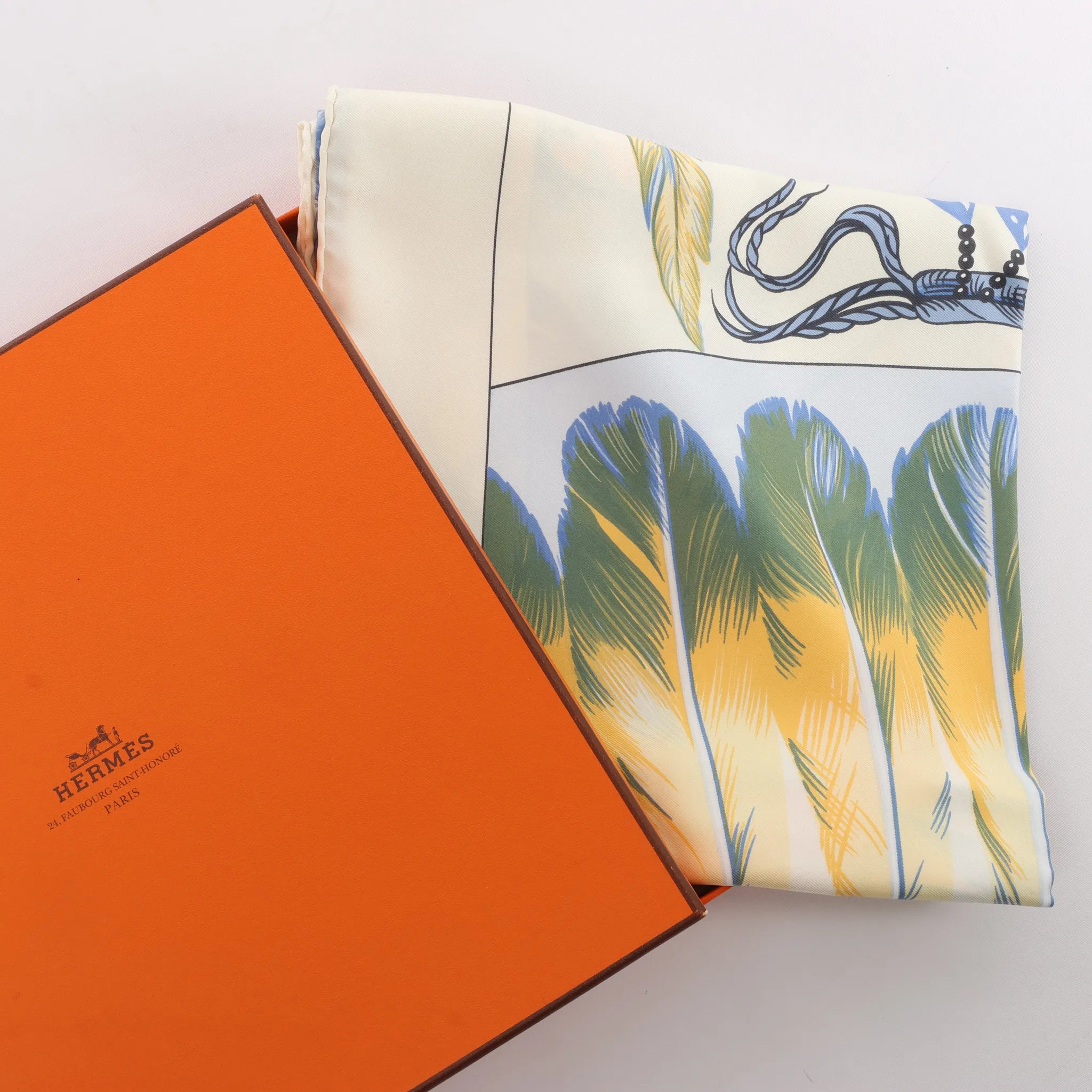 Hermès Carré 90 "BRAZIL" Silk handkerchief in Ivory x Blue