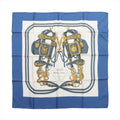 Hermès Carré 90 silk scarf in blue and white with Brides de Gala equestrian harness artwork, gold-tone hardware details and blue border.