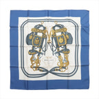 Hermès Carré 90 silk scarf in blue and white with Brides de Gala equestrian harness artwork, gold-tone hardware details and blue border.
