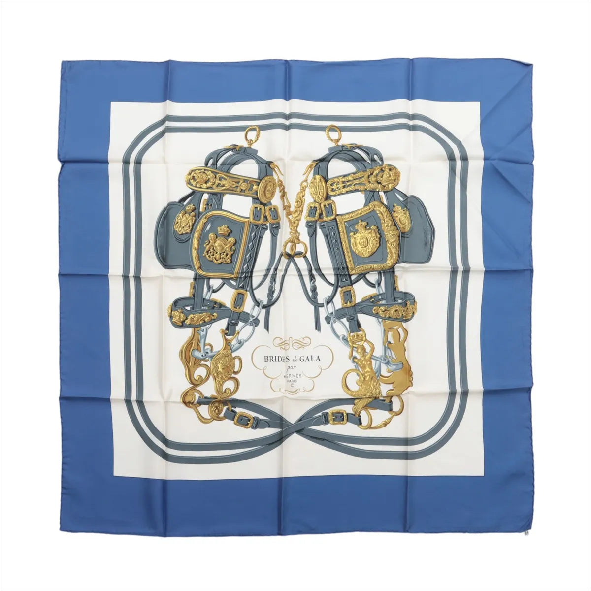 Hermès Carré 90 silk scarf in blue and white with Brides de Gala equestrian harness artwork, gold-tone hardware details and blue border.